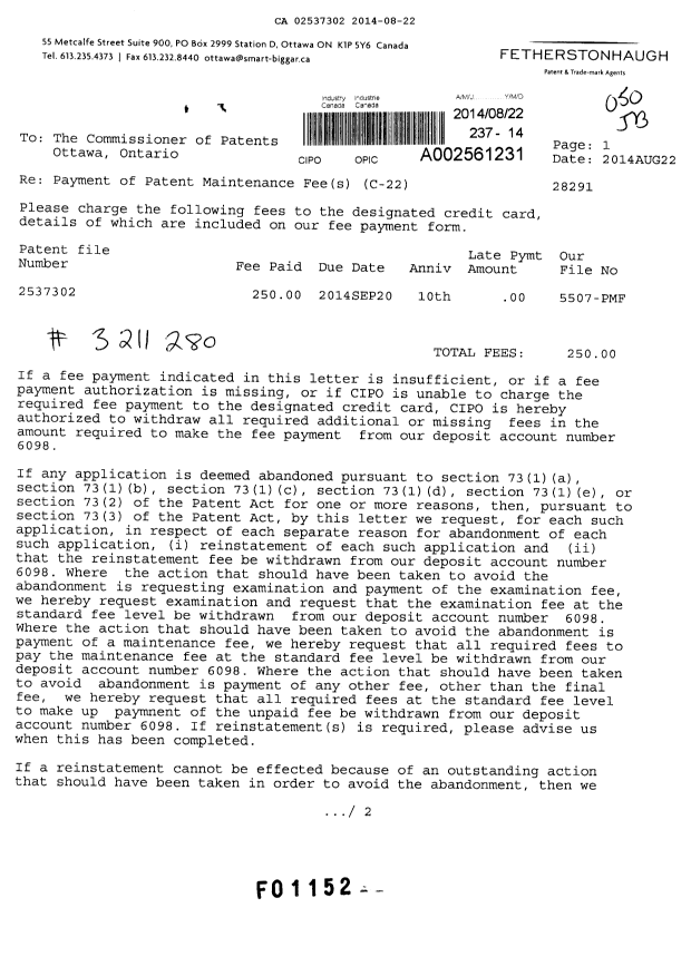 Document de brevet canadien 2537302. Taxes 20140822. Image 1 de 2