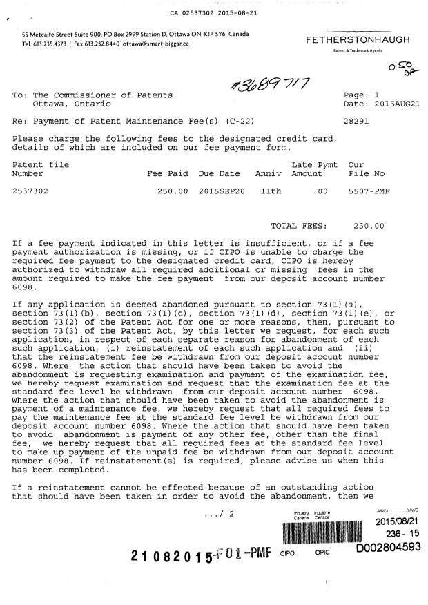 Document de brevet canadien 2537302. Paiement de taxe périodique 20150821. Image 1 de 2