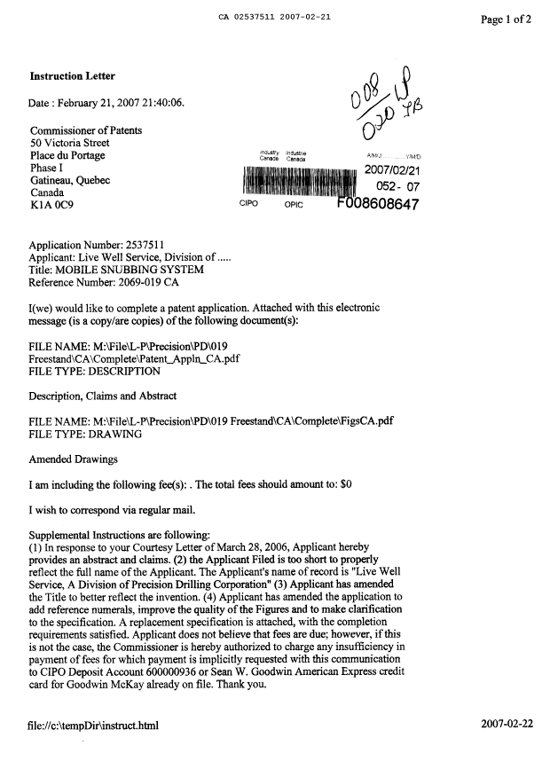 Canadian Patent Document 2537511. Correspondence 20070221. Image 1 of 14