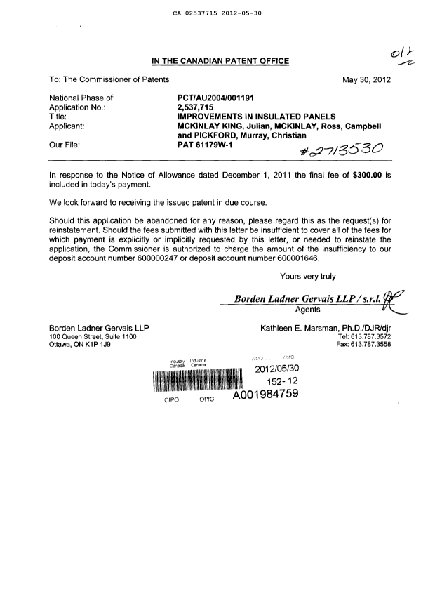 Document de brevet canadien 2537715. Correspondance 20120530. Image 1 de 1