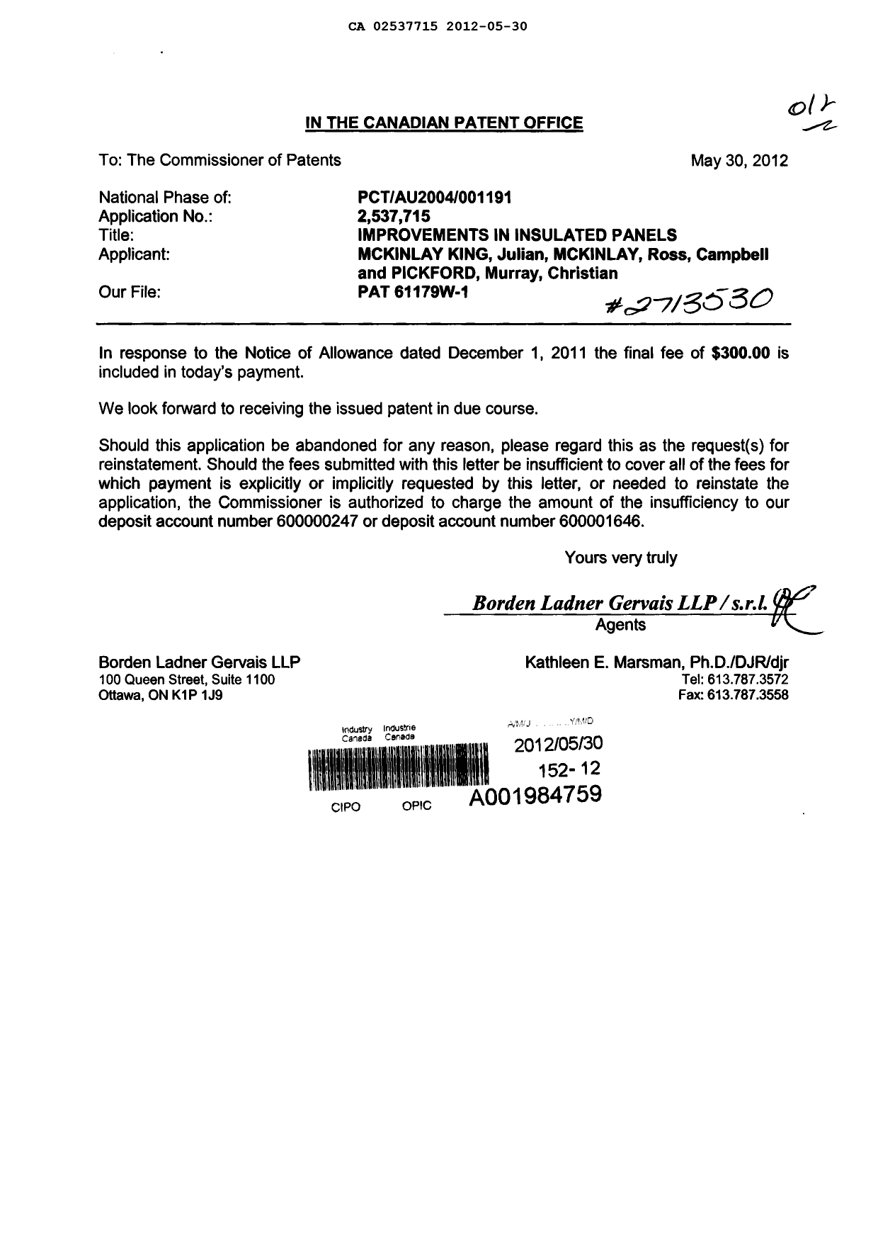 Canadian Patent Document 2537715. Correspondence 20120530. Image 1 of 1