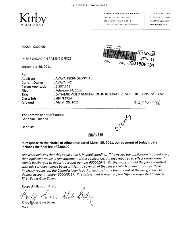 Document de brevet canadien 2537741. Correspondance 20110926. Image 1 de 1