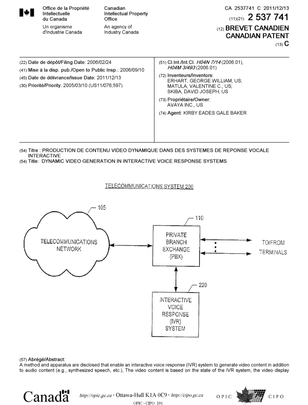 Document de brevet canadien 2537741. Page couverture 20111109. Image 1 de 2