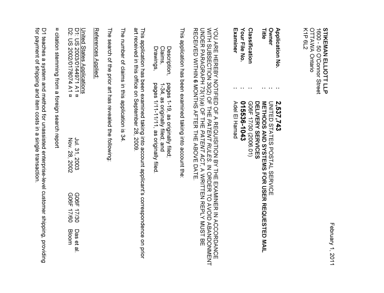 Canadian Patent Document 2537743. Prosecution-Amendment 20110201. Image 1 of 4