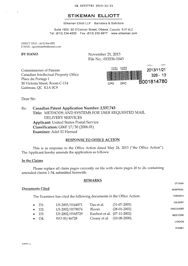 Canadian Patent Document 2537743. Prosecution-Amendment 20131121. Image 1 of 9