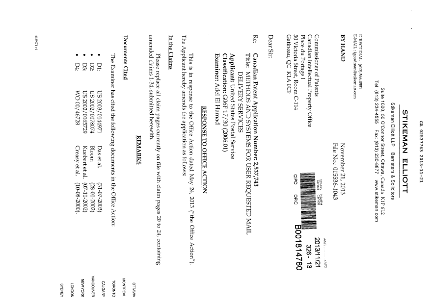 Document de brevet canadien 2537743. Poursuite-Amendment 20131121. Image 1 de 9