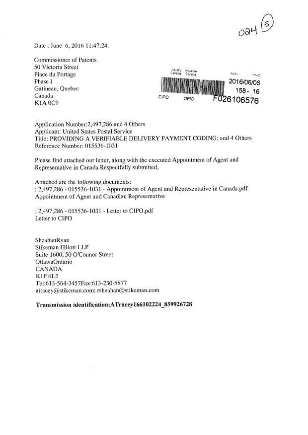 Canadian Patent Document 2537743. Correspondence 20160606. Image 1 of 4
