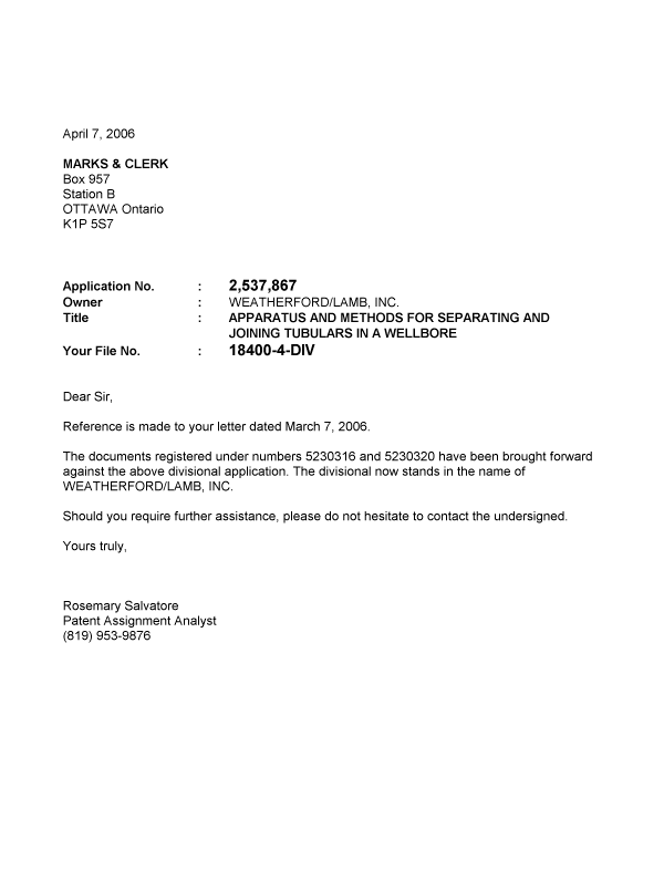 Document de brevet canadien 2537867. Correspondance 20060407. Image 1 de 1