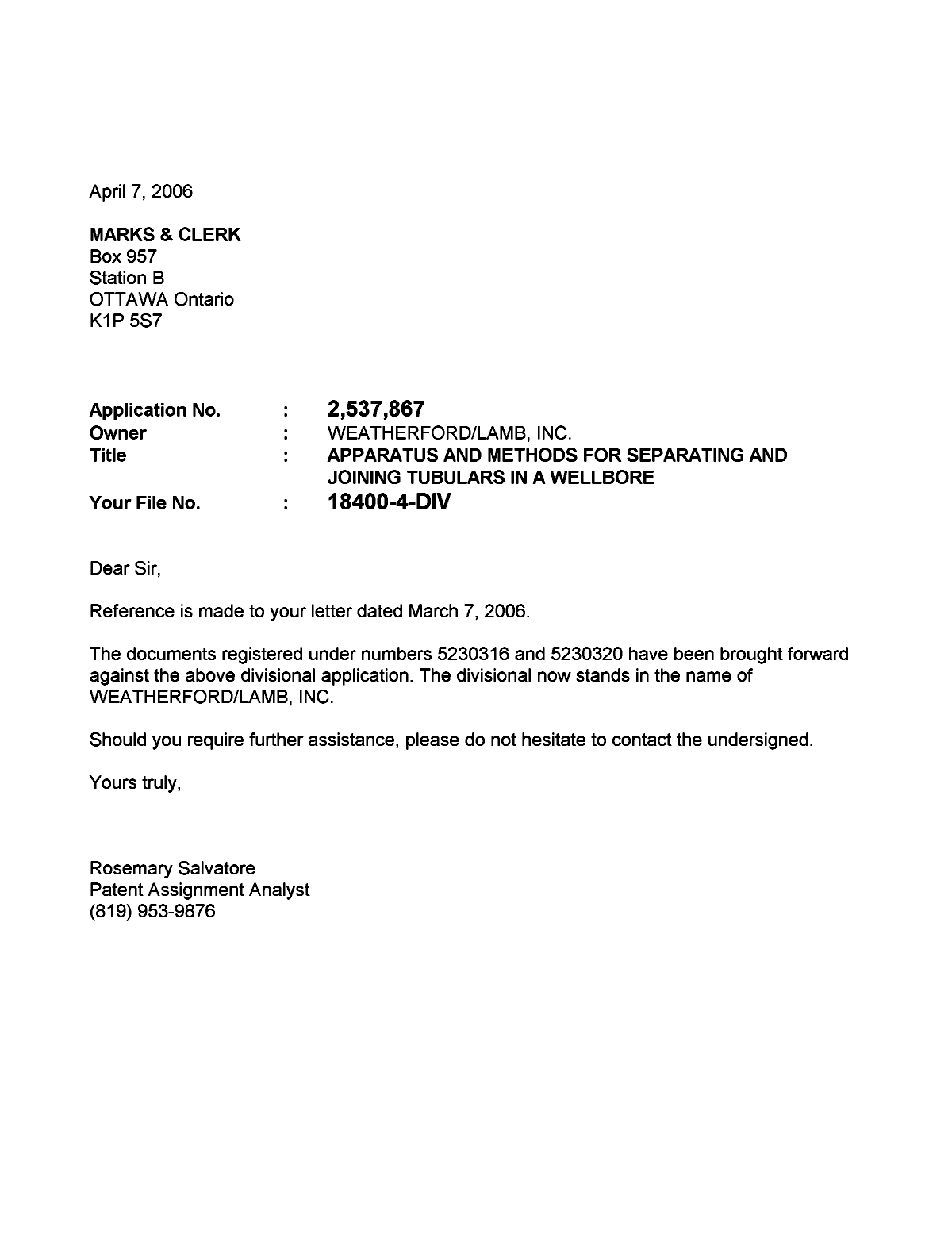 Canadian Patent Document 2537867. Correspondence 20060407. Image 1 of 1