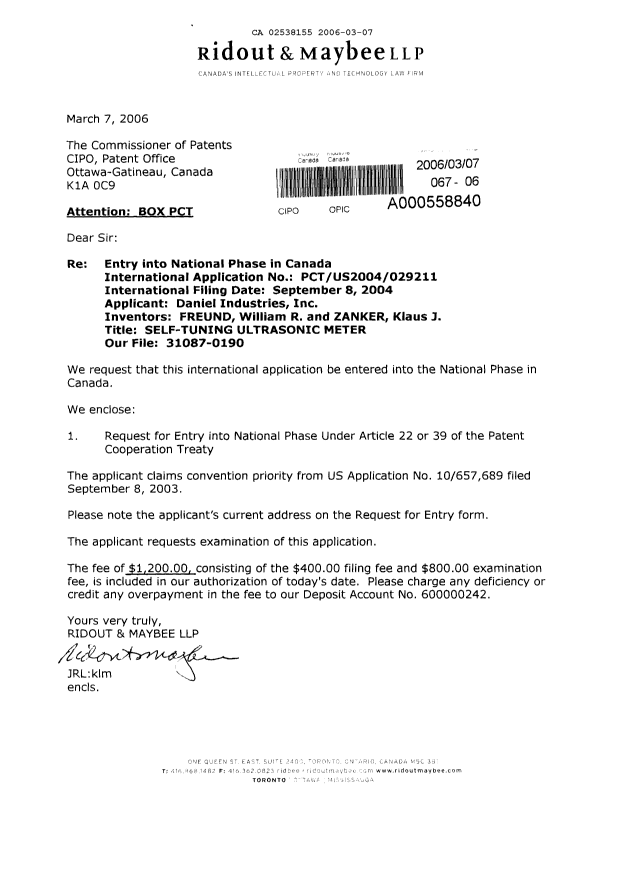 Document de brevet canadien 2538155. Cession 20060825. Image 1 de 5