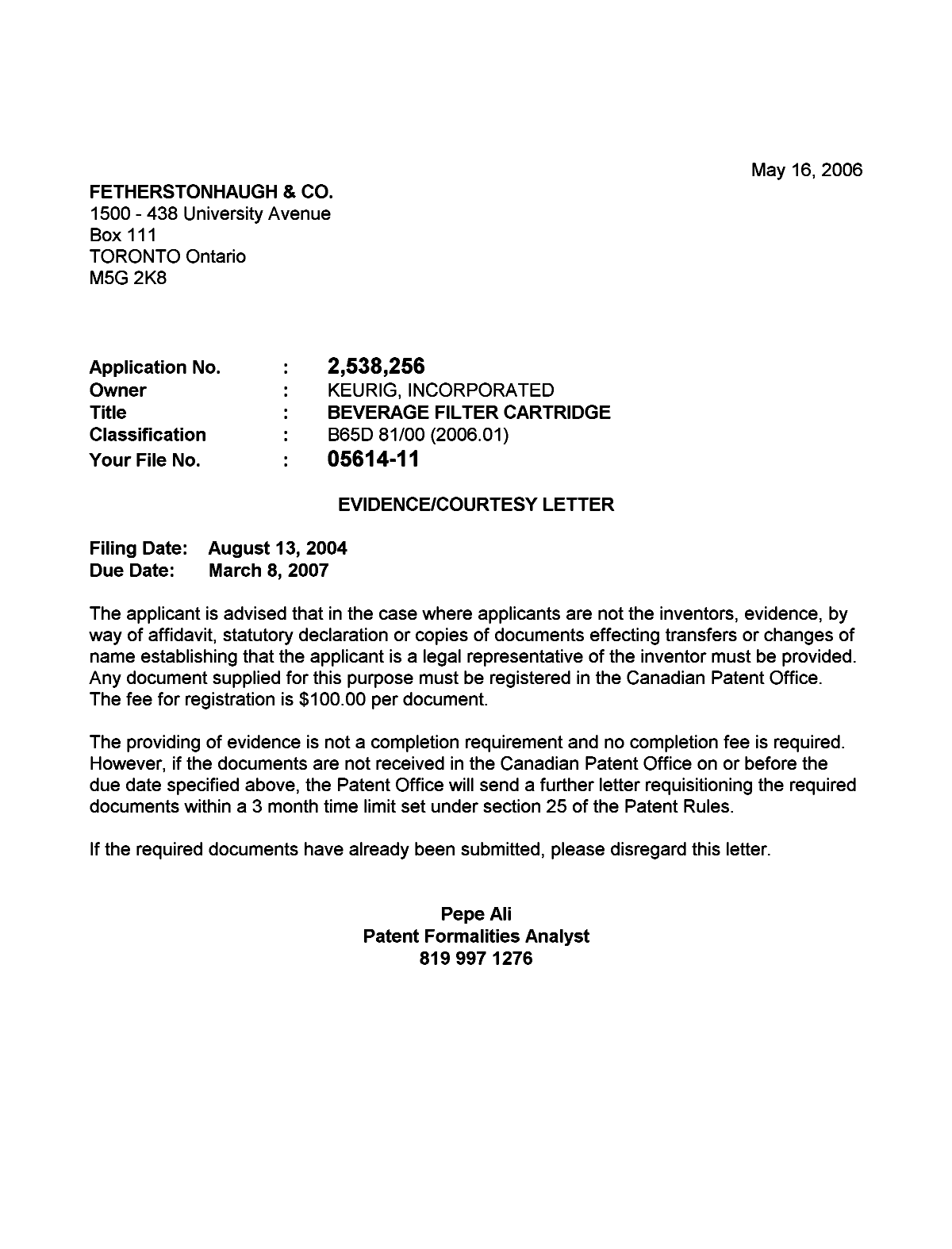 Canadian Patent Document 2538256. Correspondence 20051210. Image 1 of 1