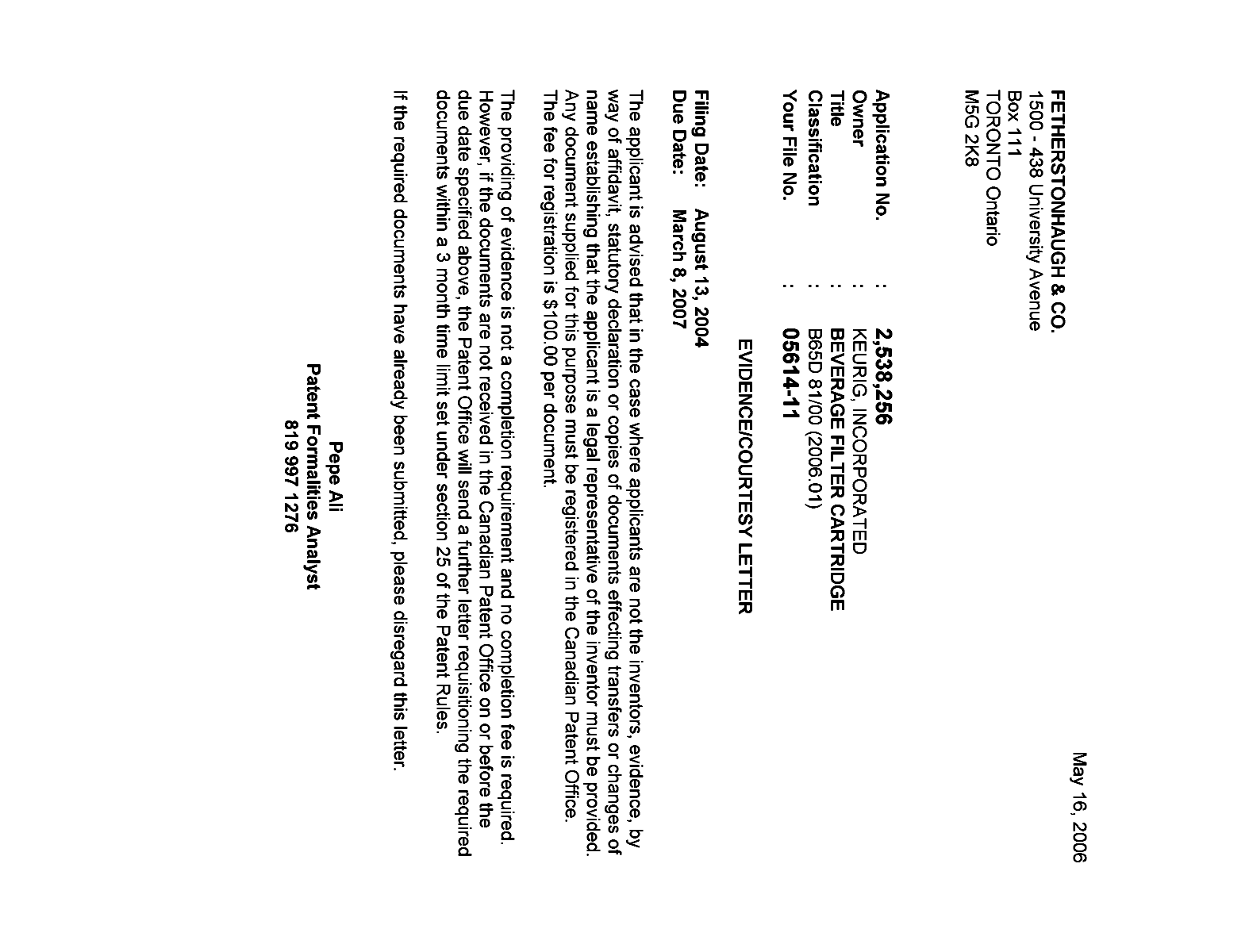 Canadian Patent Document 2538256. Correspondence 20051210. Image 1 of 1