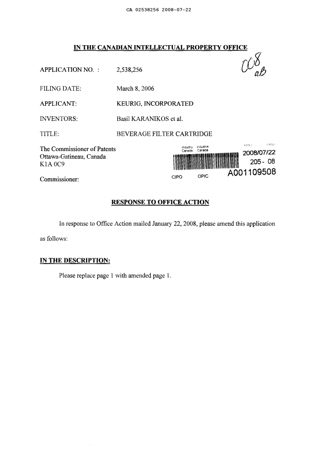 Canadian Patent Document 2538256. Prosecution-Amendment 20071222. Image 1 of 6