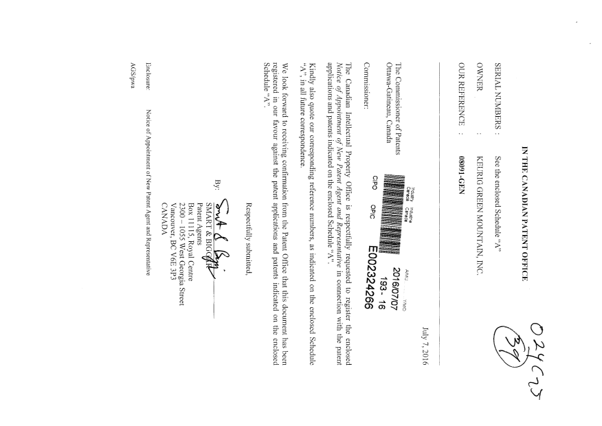 Document de brevet canadien 2538256. Correspondance 20151207. Image 1 de 5