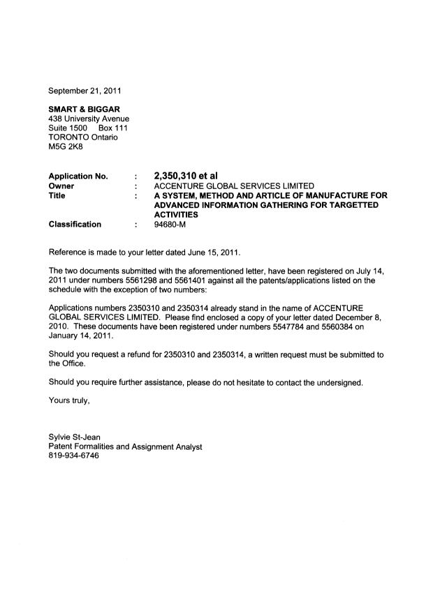 Document de brevet canadien 2538526. Correspondance 20110921. Image 1 de 9