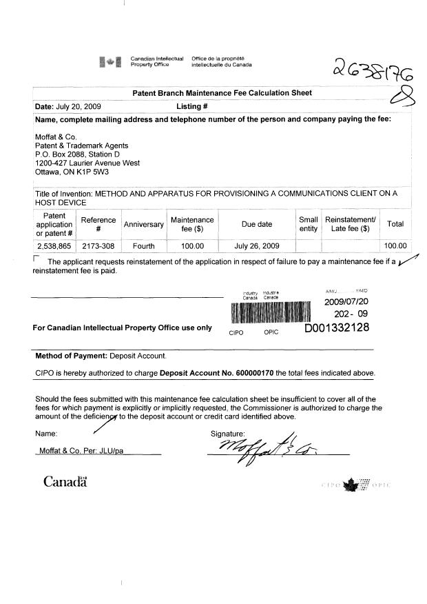 Document de brevet canadien 2538865. Taxes 20090720. Image 1 de 1