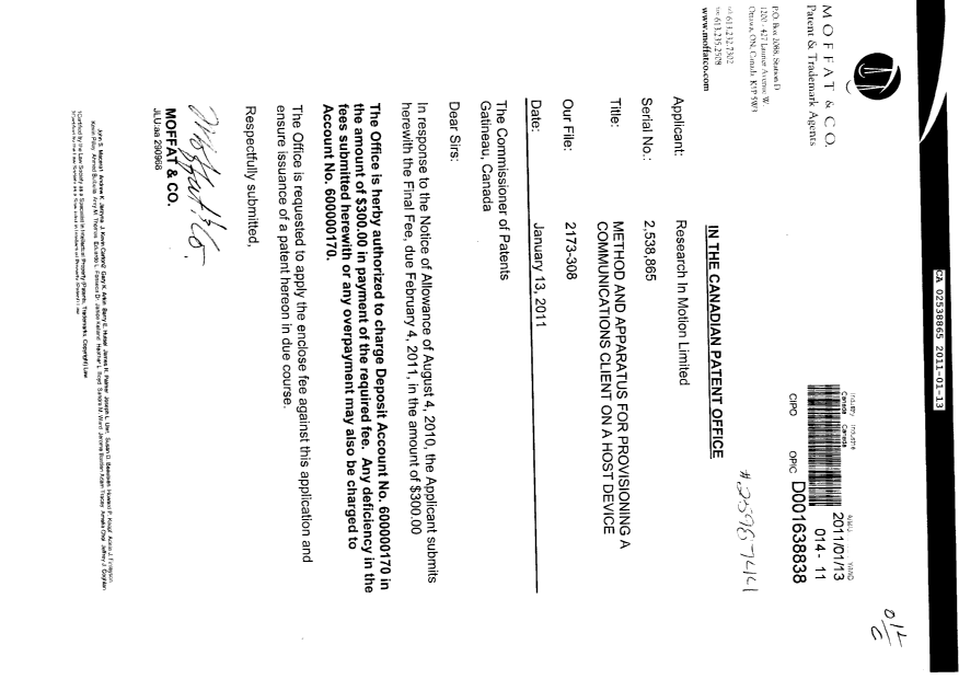Canadian Patent Document 2538865. Correspondence 20110113. Image 1 of 1