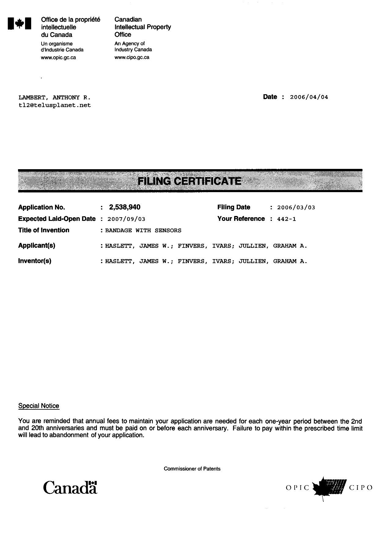 Canadian Patent Document 2538940. Correspondence 20060404. Image 1 of 1