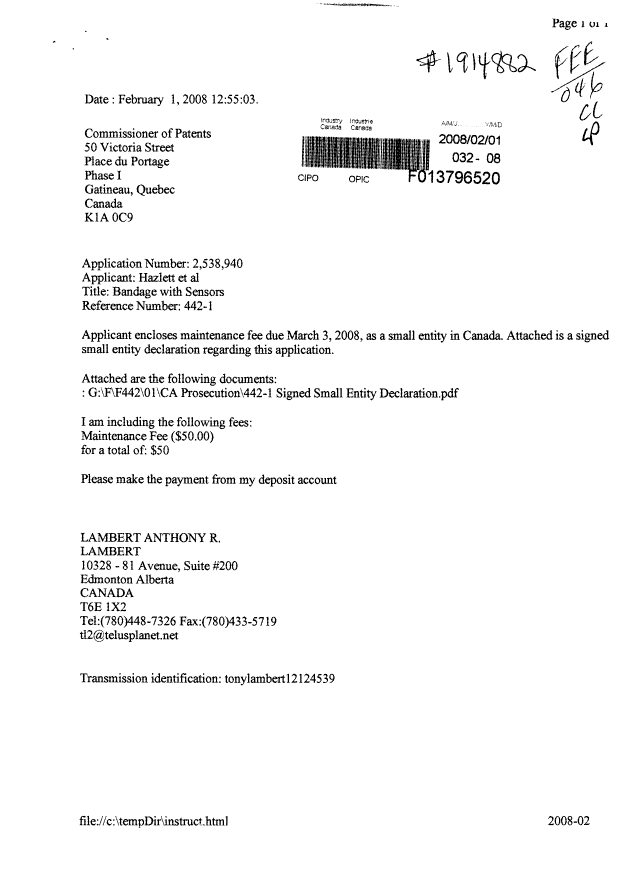 Canadian Patent Document 2538940. Fees 20080201. Image 1 of 2