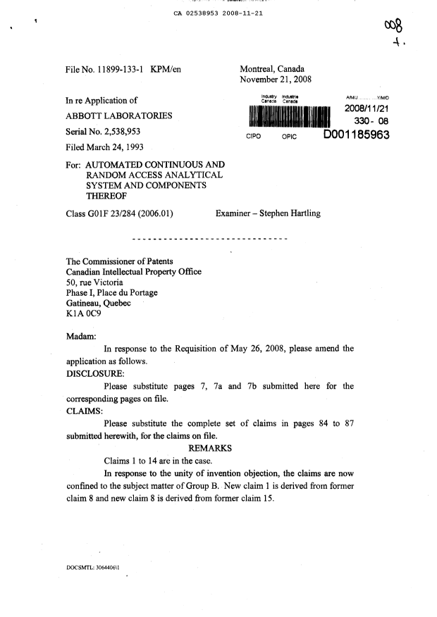 Canadian Patent Document 2538953. Prosecution-Amendment 20081121. Image 1 of 10