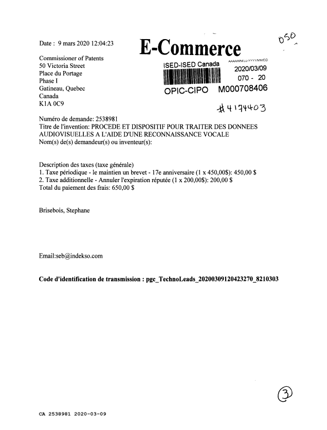 Canadian Patent Document 2538981. Maintenance Fee Payment 20200309. Image 1 of 3