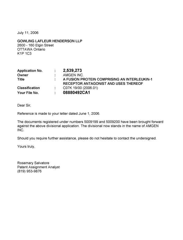 Document de brevet canadien 2539273. Correspondance 20060711. Image 1 de 1