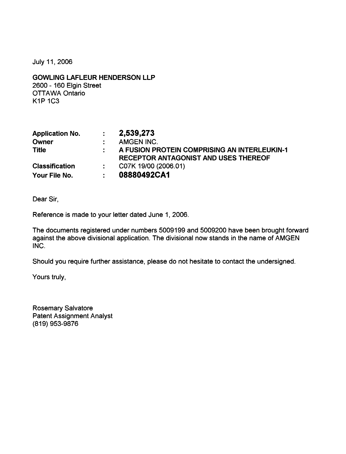 Canadian Patent Document 2539273. Correspondence 20060711. Image 1 of 1