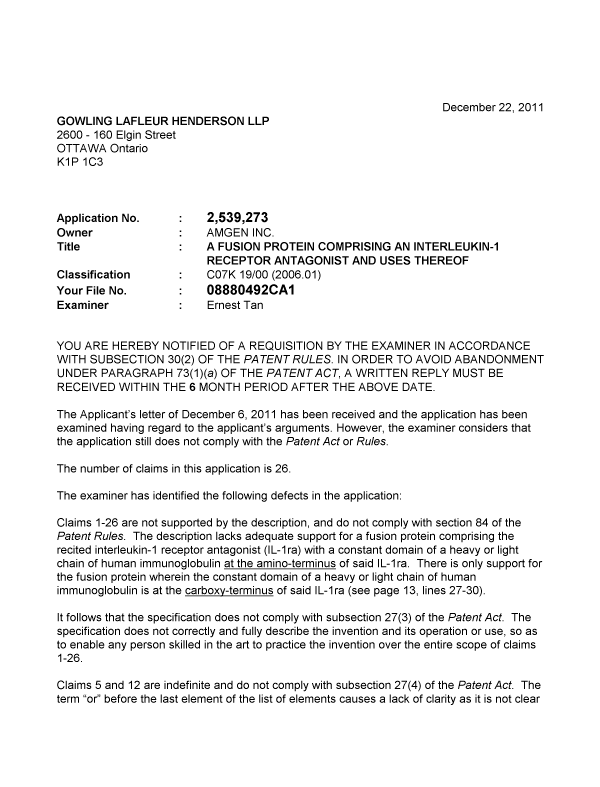 Document de brevet canadien 2539273. Poursuite-Amendment 20111222. Image 1 de 2