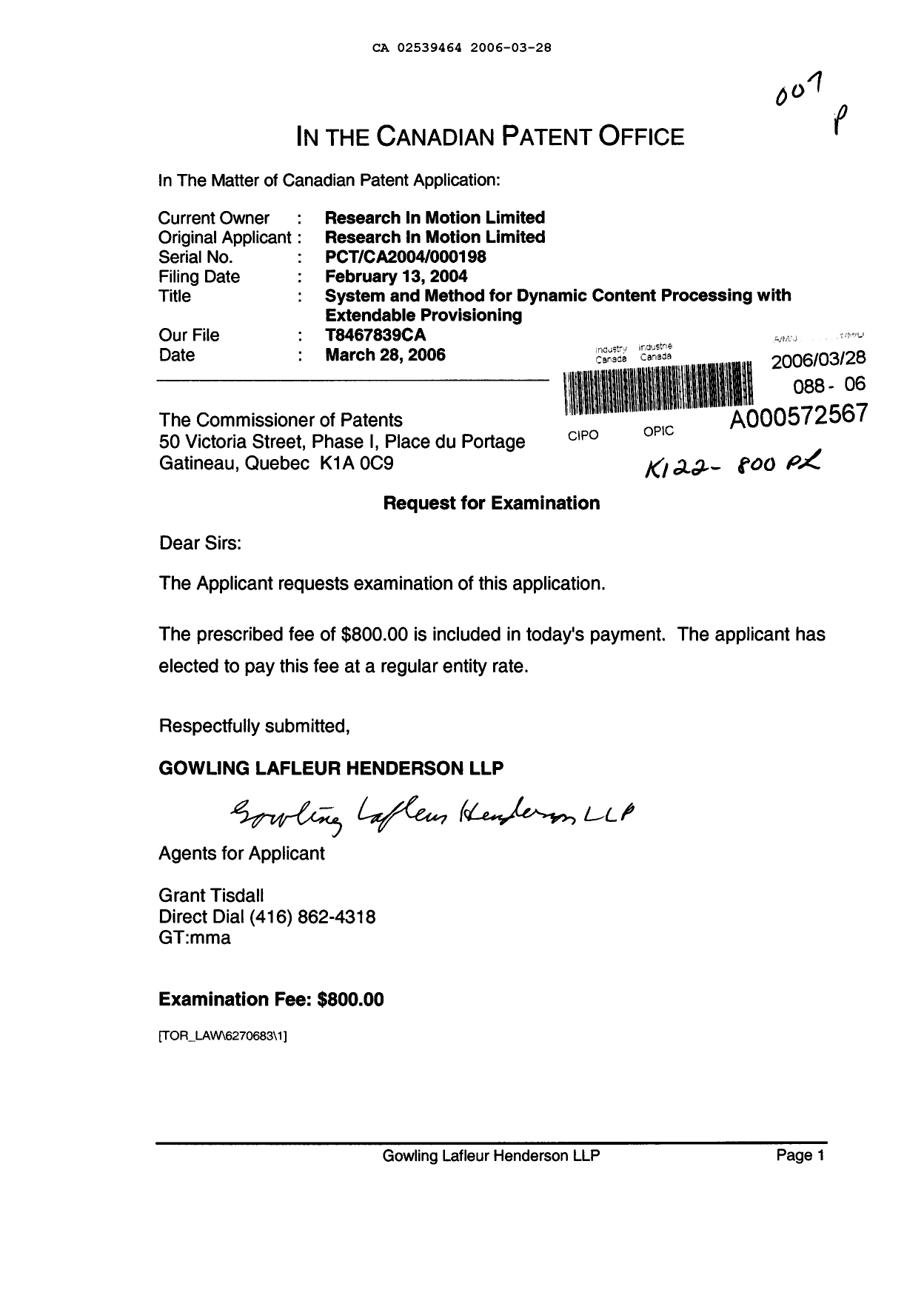 Canadian Patent Document 2539464. Prosecution-Amendment 20060328. Image 1 of 1