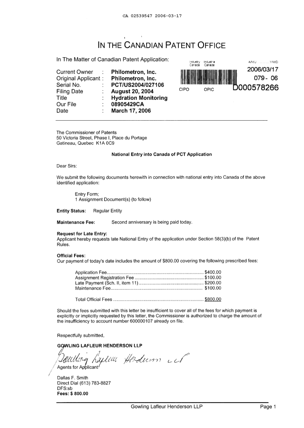 Document de brevet canadien 2539547. Cession 20060317. Image 1 de 3