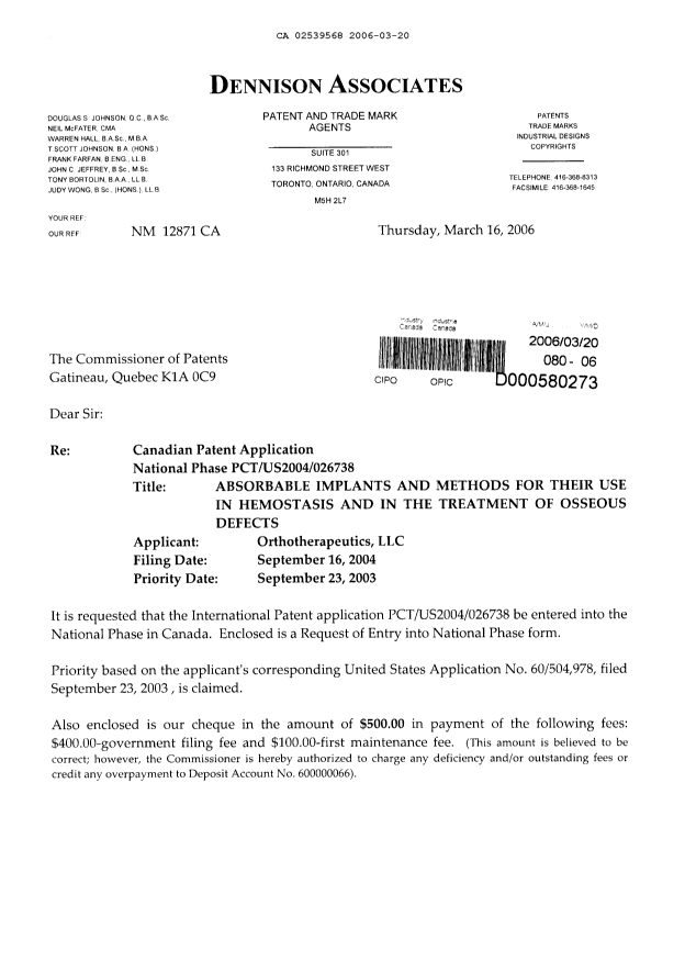Document de brevet canadien 2539568. Cession 20060320. Image 1 de 4