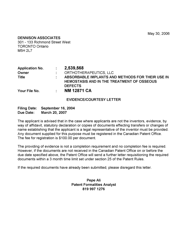 Document de brevet canadien 2539568. Correspondance 20060524. Image 1 de 1