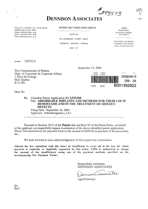 Document de brevet canadien 2539568. Poursuite-Amendment 20090915. Image 1 de 1