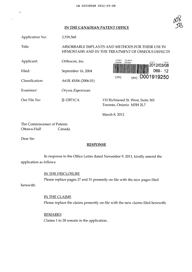 Document de brevet canadien 2539568. Poursuite-Amendment 20120308. Image 1 de 7