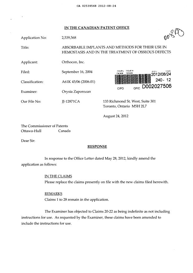Document de brevet canadien 2539568. Poursuite-Amendment 20120824. Image 1 de 5