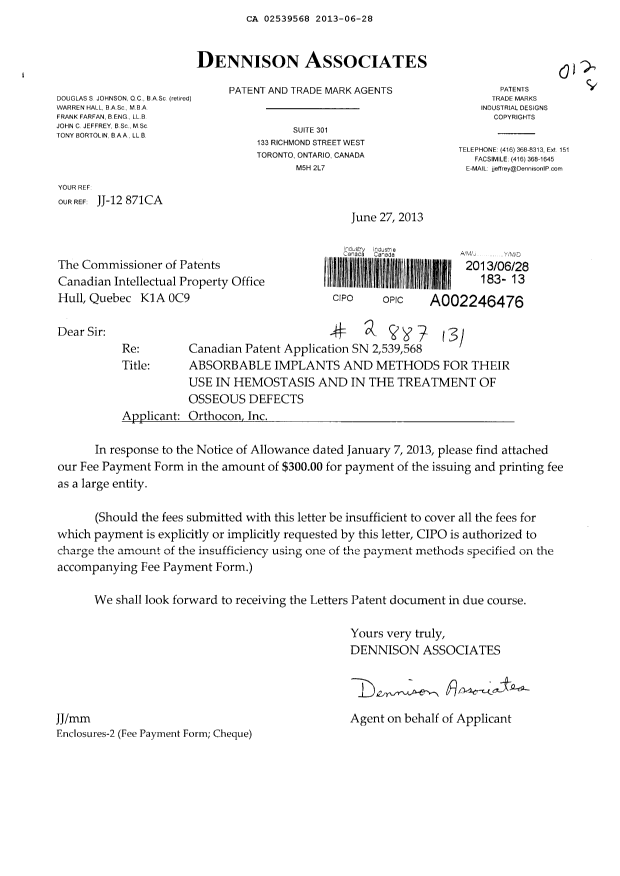 Document de brevet canadien 2539568. Correspondance 20130628. Image 1 de 1