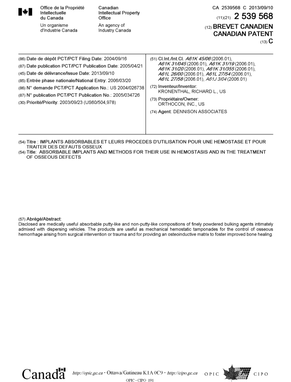 Document de brevet canadien 2539568. Page couverture 20130813. Image 1 de 1