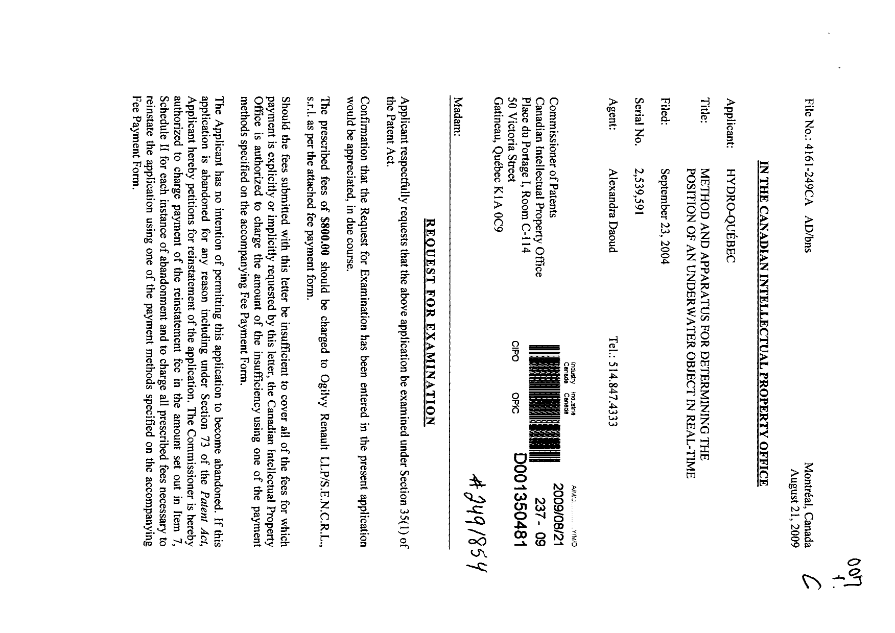 Canadian Patent Document 2539591. Prosecution-Amendment 20081221. Image 1 of 2