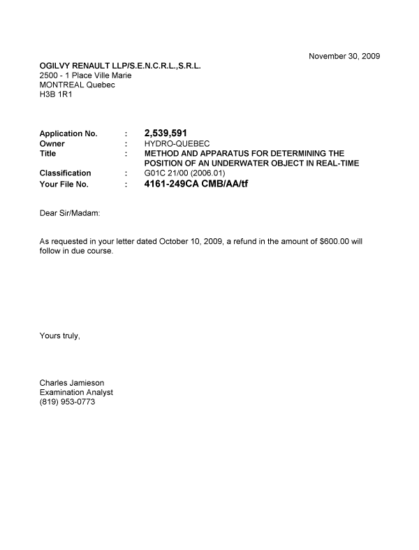 Document de brevet canadien 2539591. Correspondance 20081230. Image 1 de 1