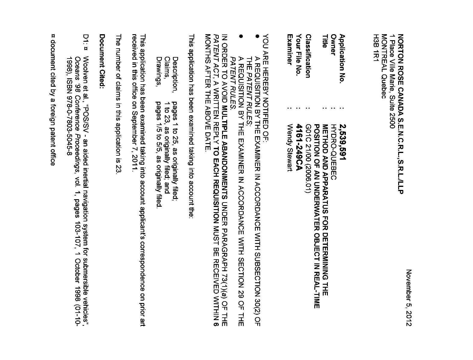 Canadian Patent Document 2539591. Prosecution-Amendment 20111205. Image 1 of 3