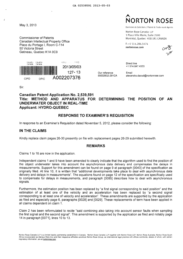 Canadian Patent Document 2539591. Prosecution-Amendment 20130503. Image 1 of 7