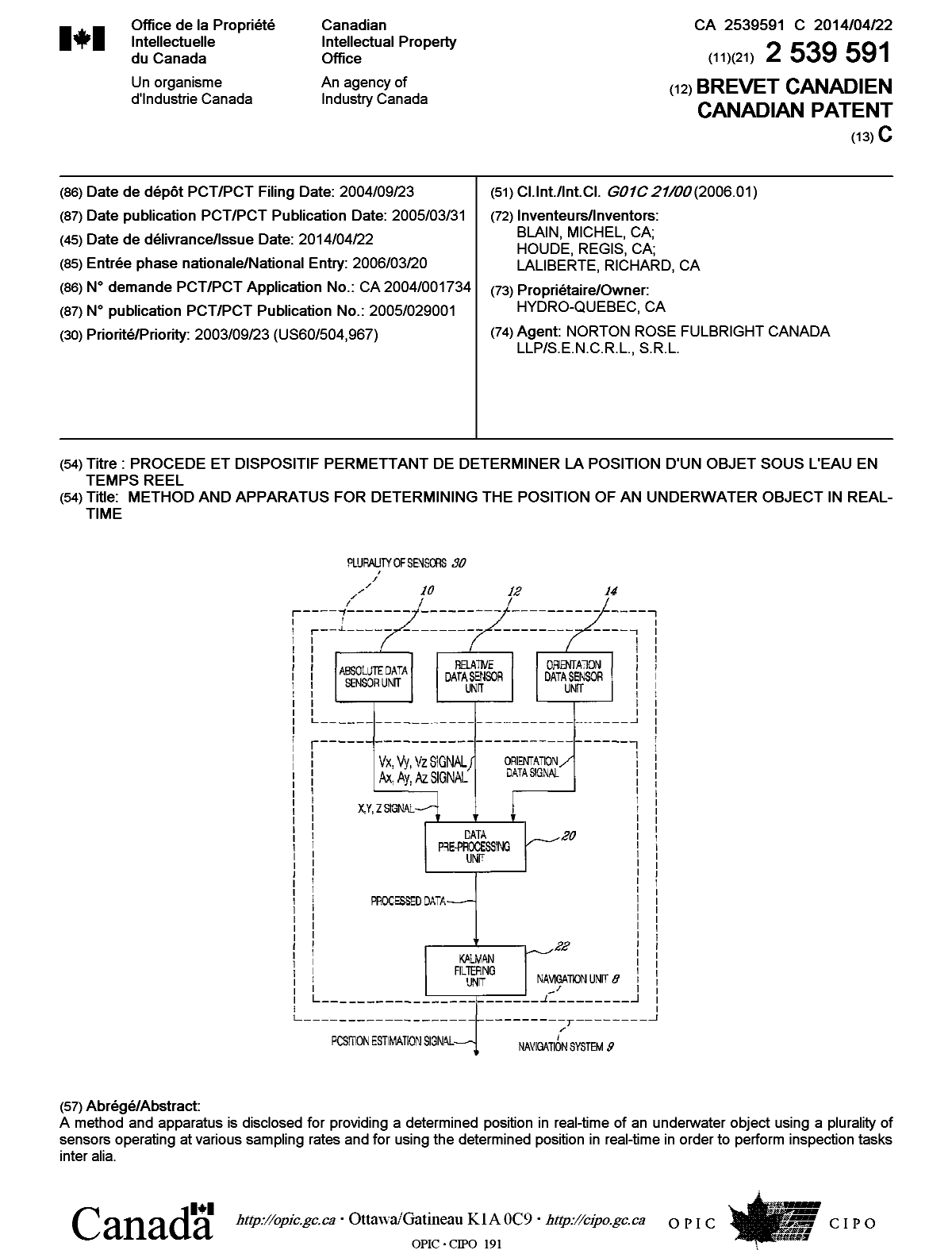 Document de brevet canadien 2539591. Page couverture 20131224. Image 1 de 1