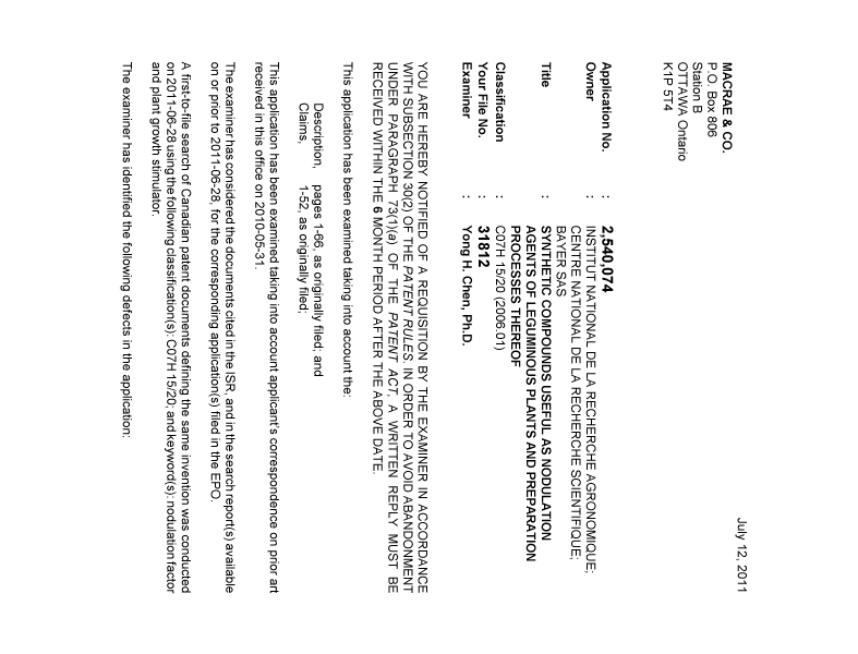 Canadian Patent Document 2540074. Prosecution-Amendment 20110712. Image 1 of 2