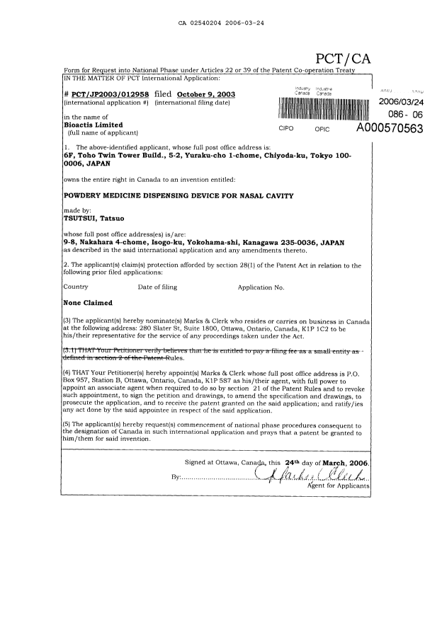 Canadian Patent Document 2540204. Assignment 20060324. Image 2 of 2