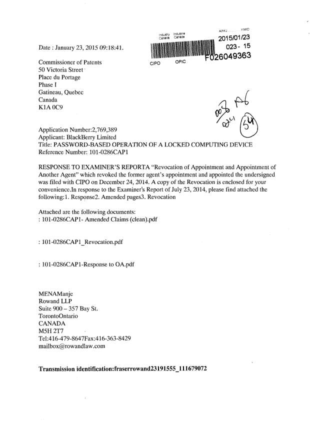 Canadian Patent Document 2540365. Correspondence 20150123. Image 1 of 4