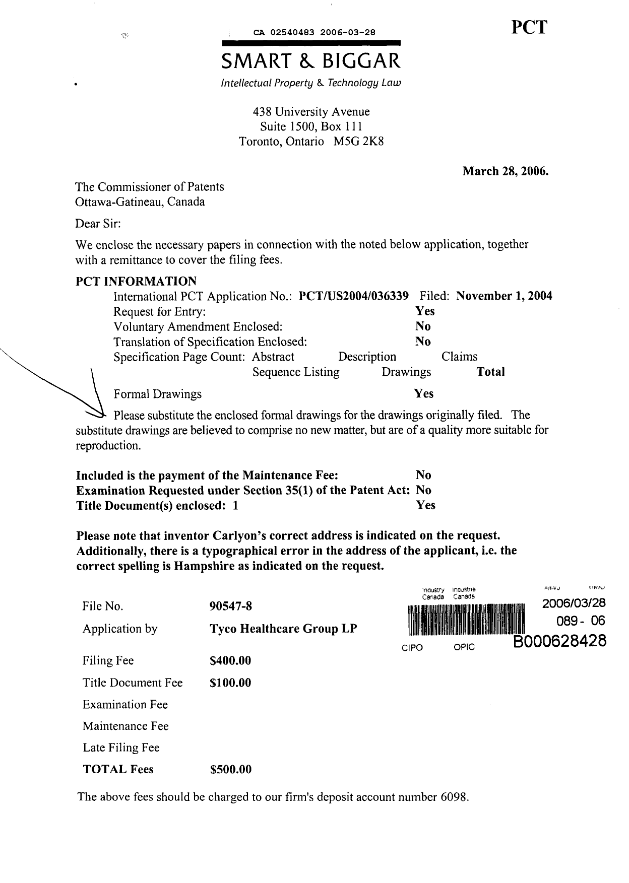 Canadian Patent Document 2540483. Prosecution-Amendment 20060328. Image 1 of 18