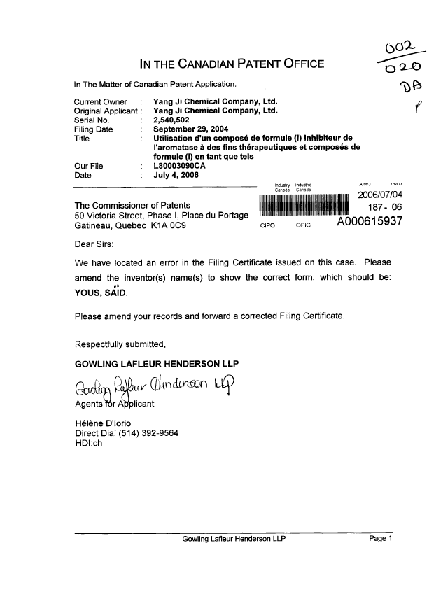 Document de brevet canadien 2540502. Correspondance 20060704. Image 1 de 1