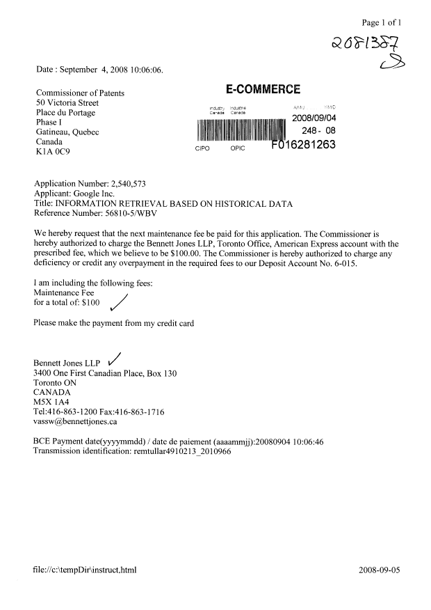 Canadian Patent Document 2540573. Fees 20080904. Image 1 of 1