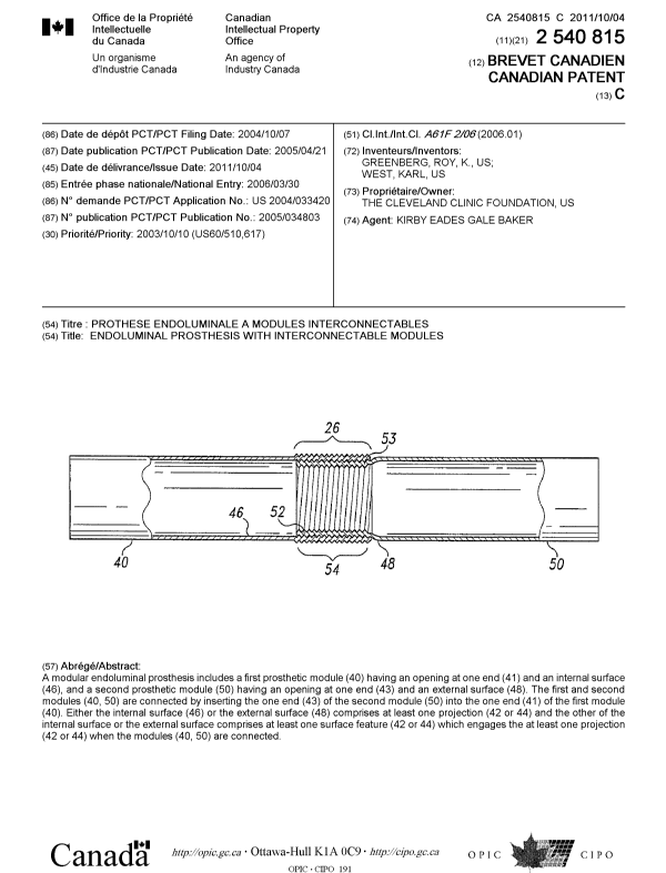 Canadian Patent Document 2540815. Cover Page 20101201. Image 1 of 1