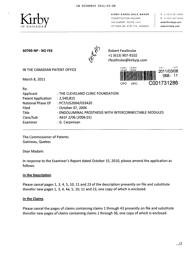 Canadian Patent Document 2540815. Prosecution-Amendment 20101208. Image 1 of 16